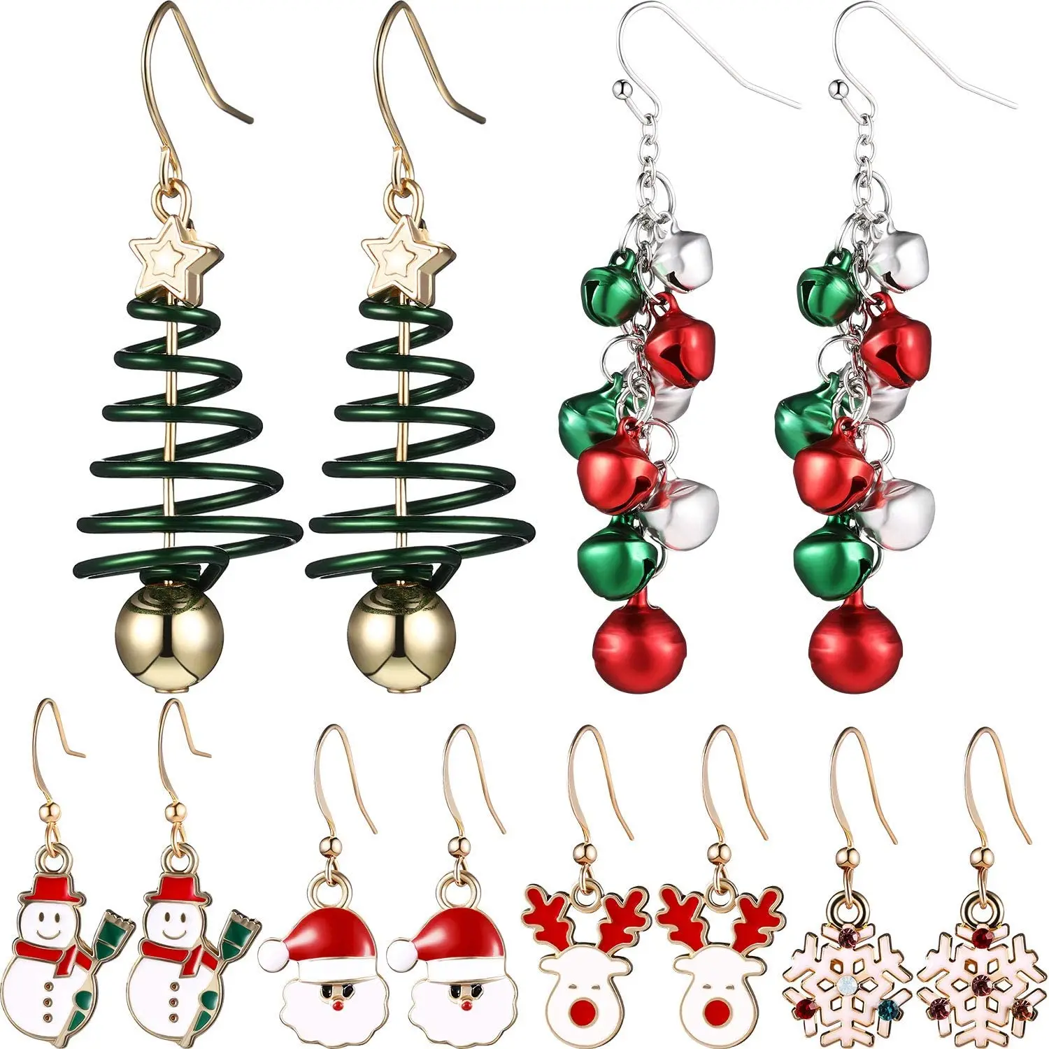 

6 пар рождественских серег ручной работы, праздничные ювелирные украшения, рождественские висячие серьги с крючком, колокольчиком, серьги в...