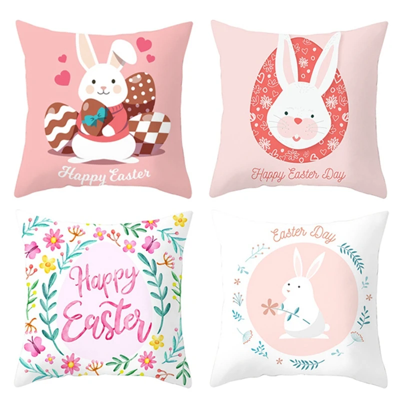 

4Pcs Cushion Cover Happy Easter Cotton Rabbit Pillow Case Sofa Pillowcases Easter Home Decorations for Home 45X45cm