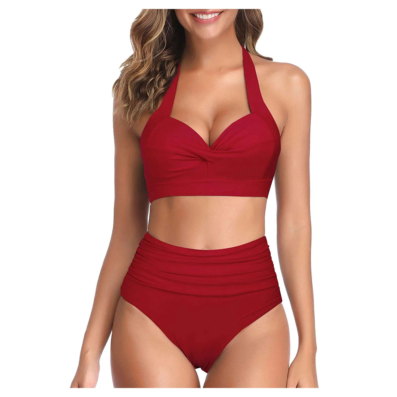 

Купальник женский, купальники, бикини, Женский винтажный купальник из двух предметов, ретро бикини с лямкой на шее и рюшами, с высокой талией...