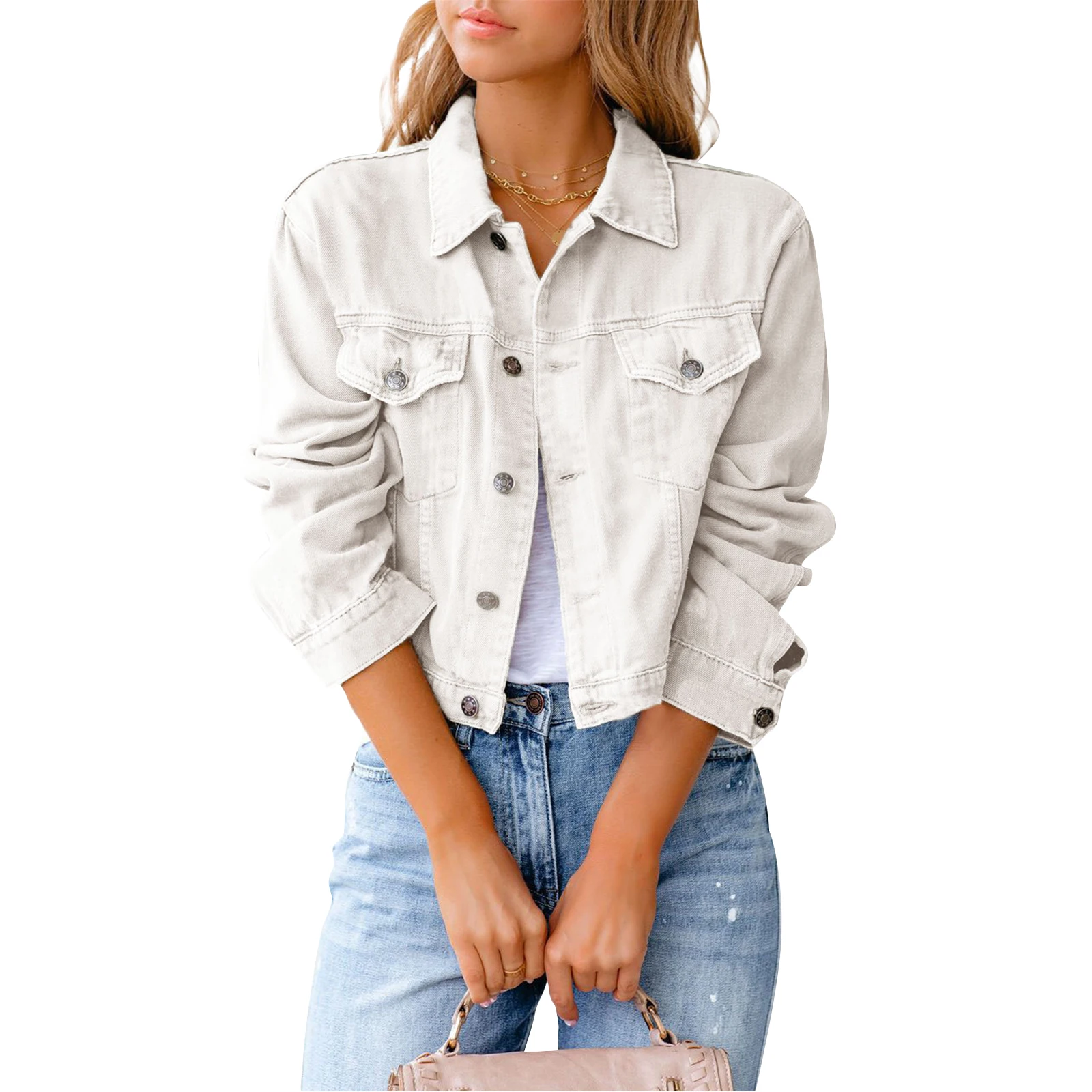 

Women's Loose Denim Jacket, Long Sleeve Button Down Jean Trucker Jacket with Pockets