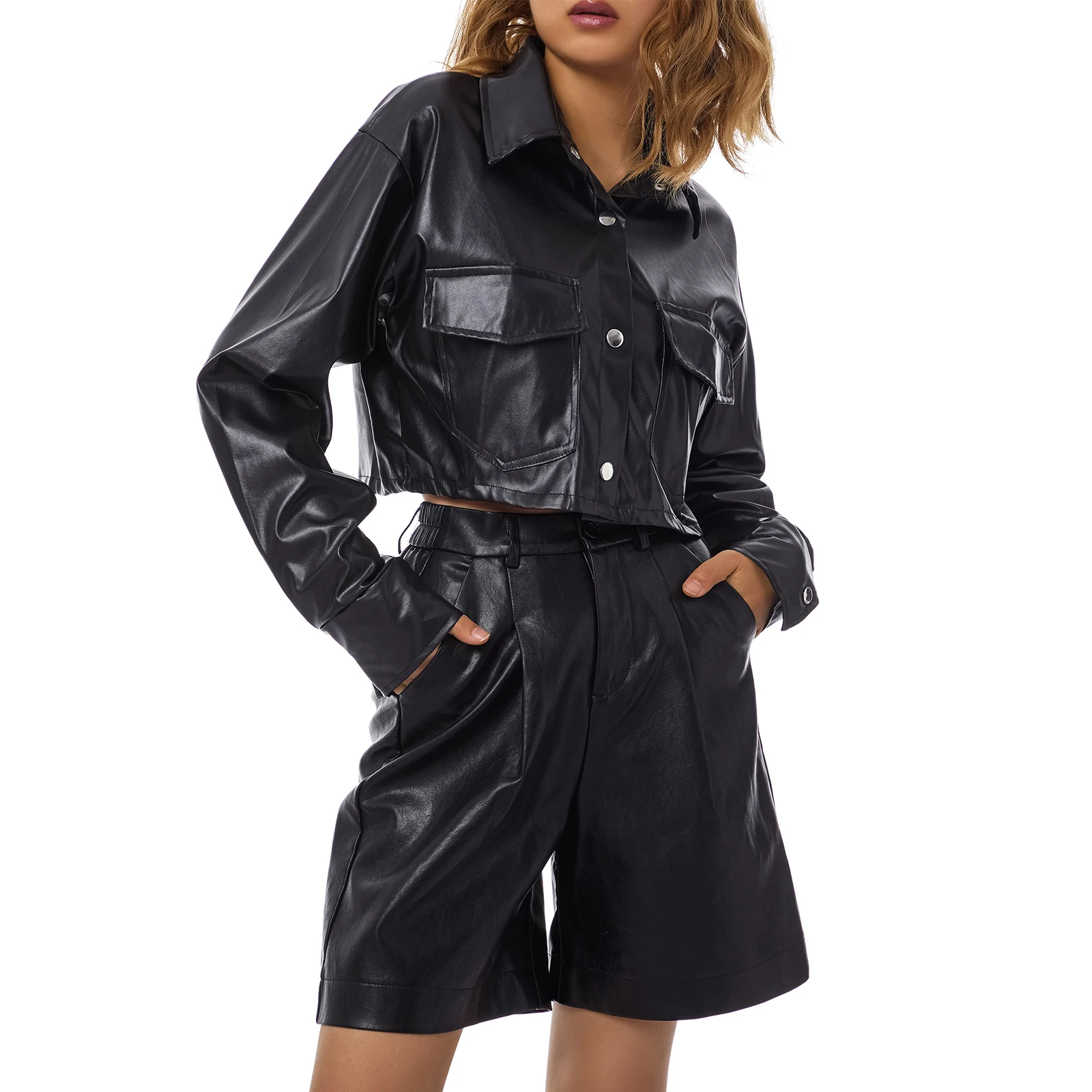 

Куртка женская из ПУ кожи, уличная одежда для девушек, короткое однотонное пальто с длинным рукавом и лацканами, однобортная облегающая вер...