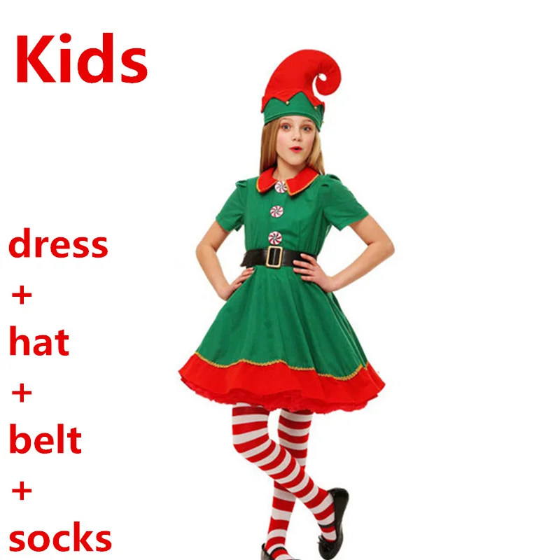 kids girls Детский костюм Санта-Клауса; нарядное платье зеленого эльфа; головной убор с поясом; семейный костюм для взрослых; карнавальный костюм на год, Рождество, карнавал; вечерние карнавальные костюмы для мужчин - Цвет: kids girls
