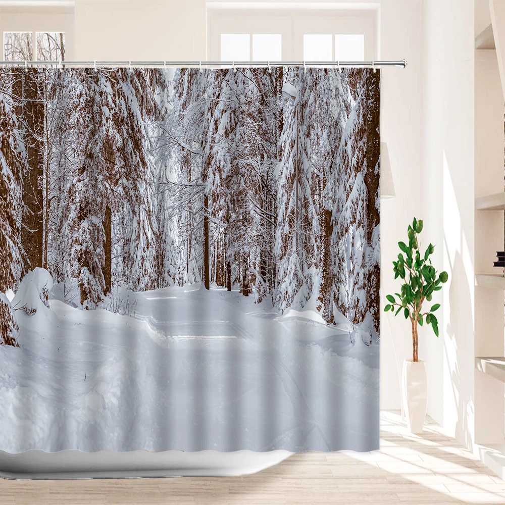 

Занавеска для душа с изображением зимнего леса, снежного пейзажа, занавеска для ванной комнаты с крючком, моющаяся, из полиэстера