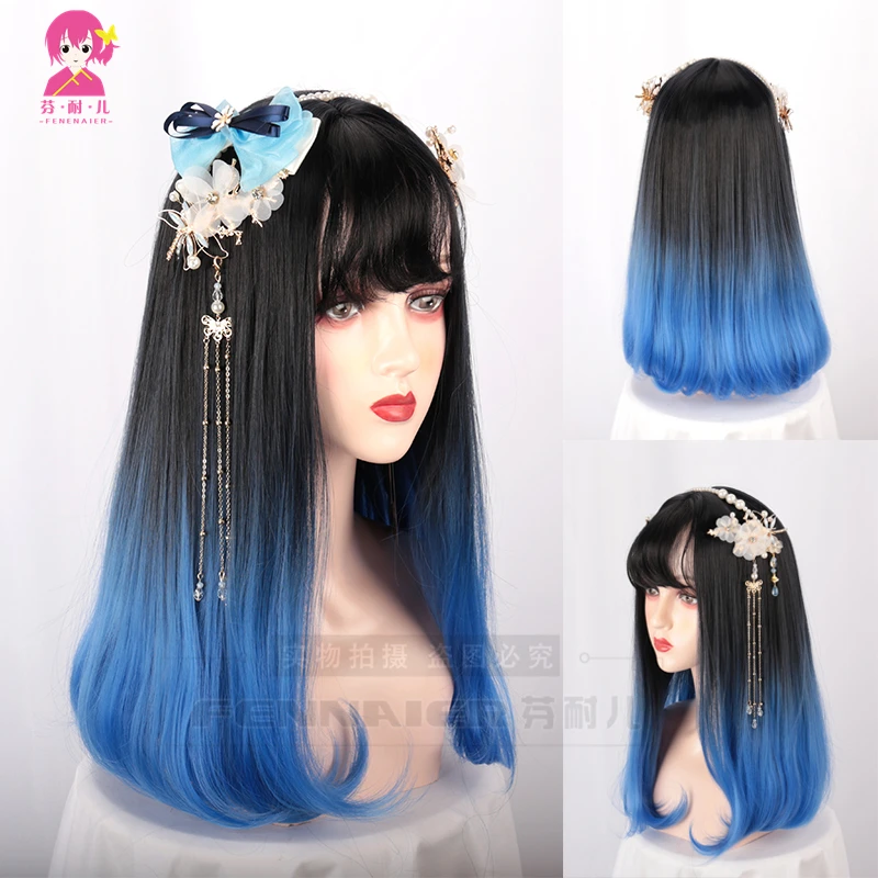 

Japanese style women Lolita Black with blue Sraight wig double color long hair