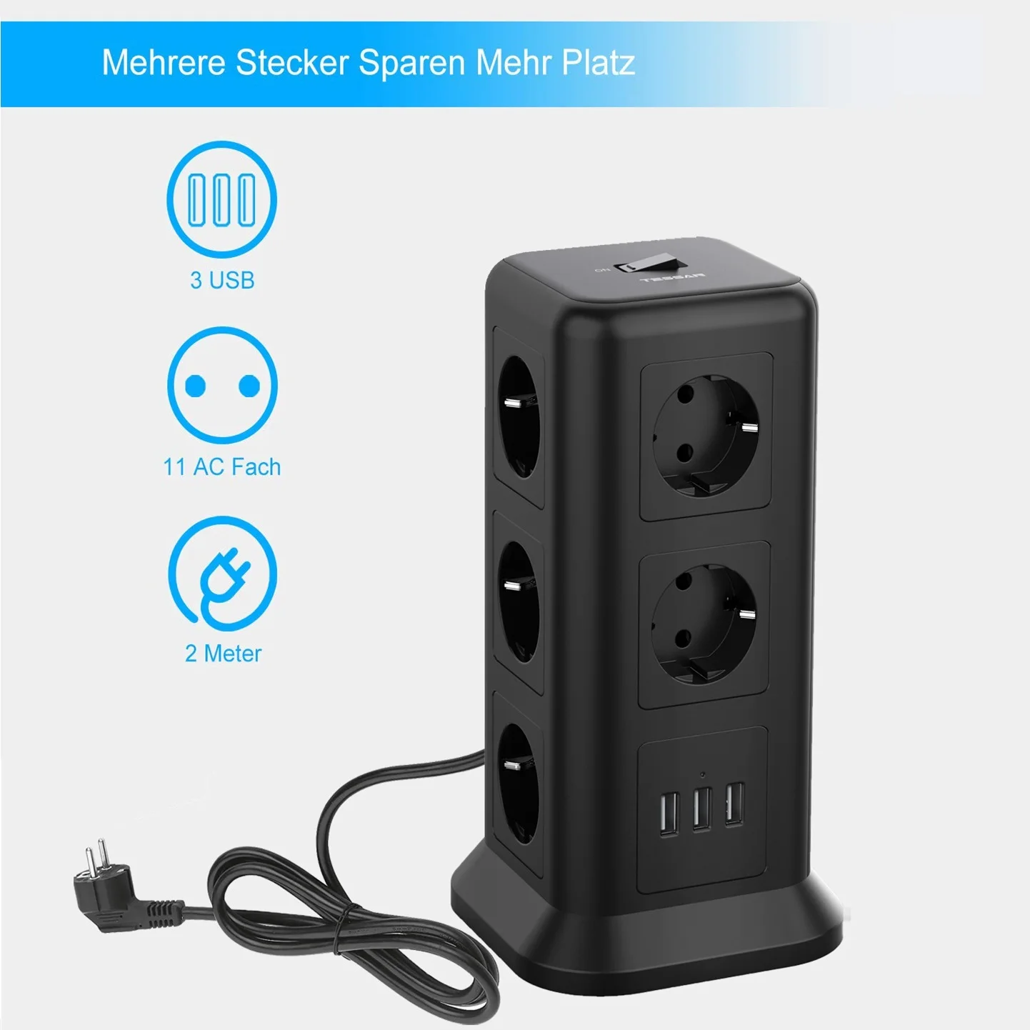 

Удлинитель TESSAN с 11 розетками и 3 USB-портами, 2 м