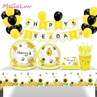 bee theme paper cup plate tablecloth disposable tableware set yellow black latex balloon set children birthday party decor globe