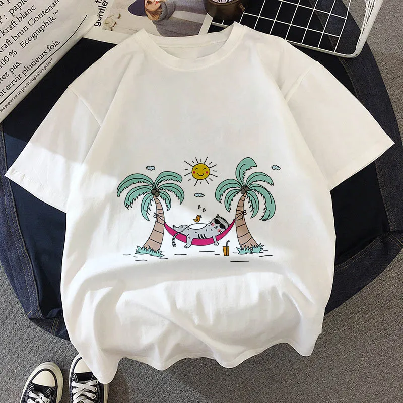 Kawaii, футболка с толстым котом, женская, новинка, летняя, милая, модная, короткий рукав, футболка, белая, тонкая, с секциями, хипстер, футболка, Топы, одежда