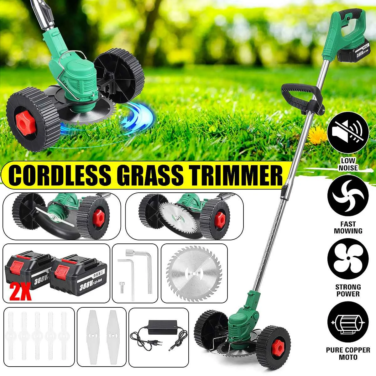 15000mAh Cordless Electric Grass Trimmer Double Wheel Adjustable  Lawn Mower Garden Pruning Cutter Tool + 2PCS Makita Battery