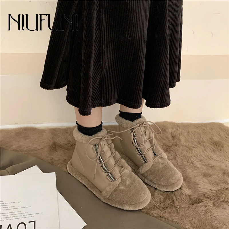 

NIUFUNI Winter Warm Snow Boots Wool Soft Platform Furry Shoes Women's Boots Lace Up Ankle Booties Flat Casual Shoes Solid Color