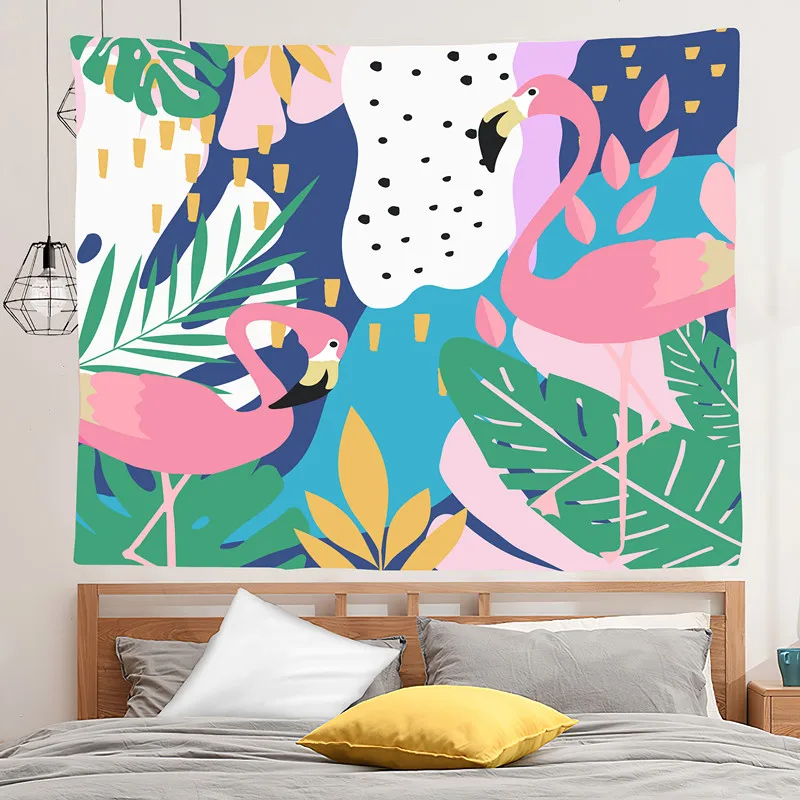 

Wall Hanging Tapestry Pink Flamingo With Tropical Palm Leaves Summer Beach Towel Camping Mat Tablecloth Home Decor Customize