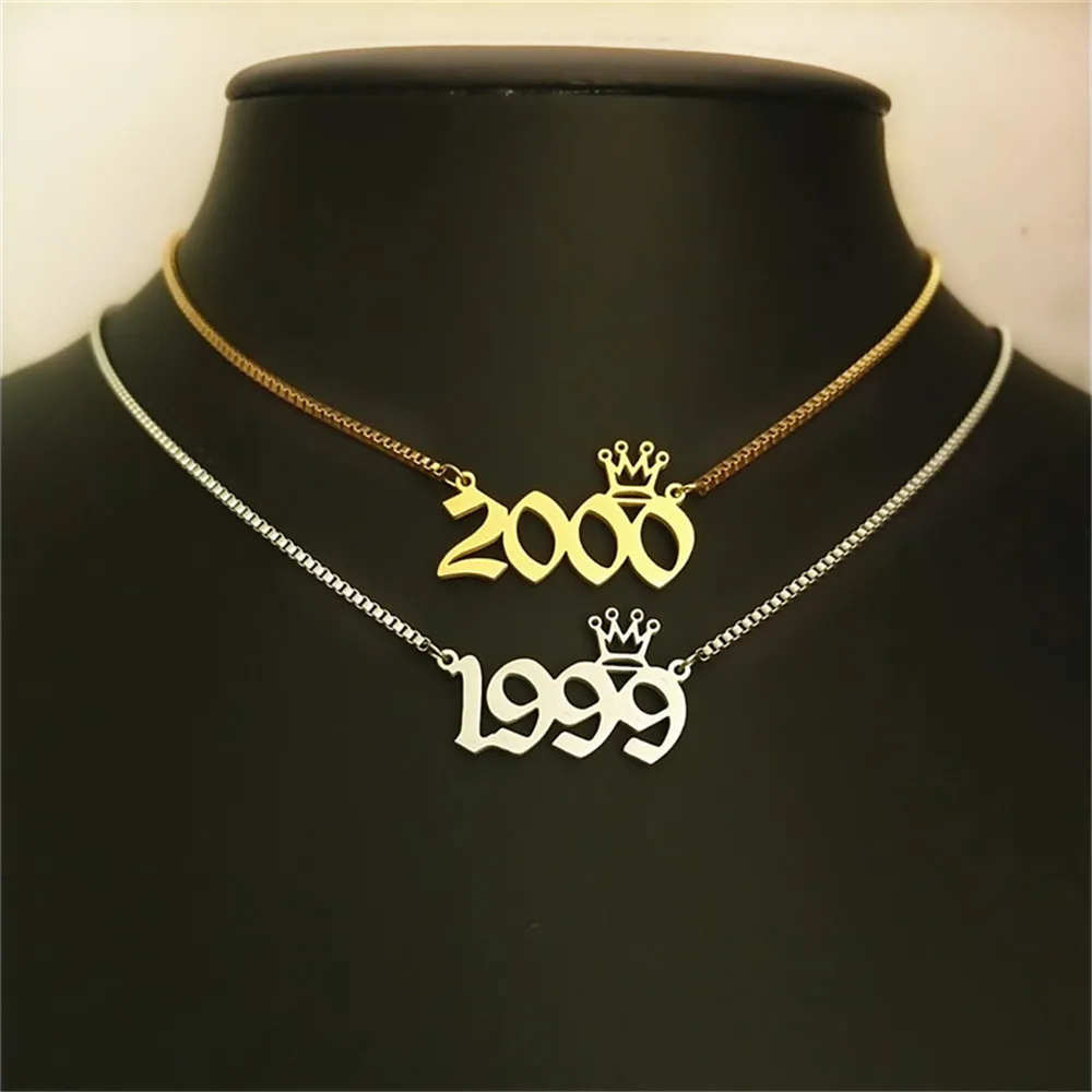 

Bulk 10pcs Special Date Old English Number Necklaces Crown Charm Birthday Gift Year 1991-2000 Choker Women Jewelry