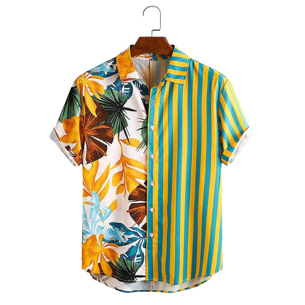 

2021 Men's Shirt for Men Hawaiian Casual Striped Floral Print Short Sleeve Male Top Blouse Summer Beach Wear Holiday Clothing