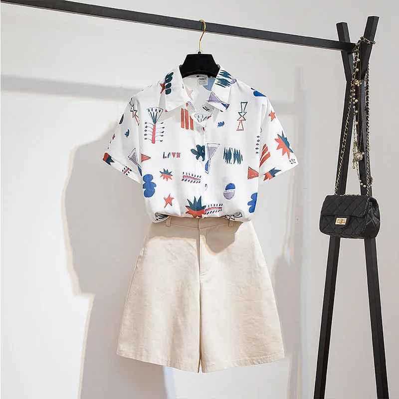 

Summer Causal Print tow piece women Korean fashion Half open collar half sleeve tops+Tall waist Mini Shorts loose plus size sets