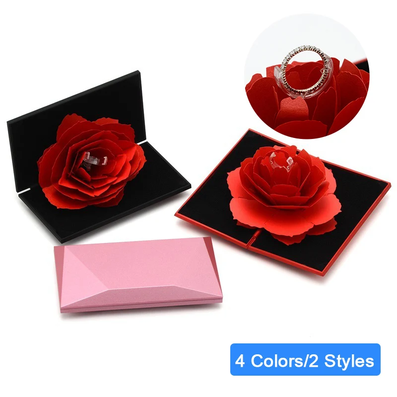 

3D Elegant Rings Box Wedding Engagement Case Rose Gift Love Jewelry Storage Holder