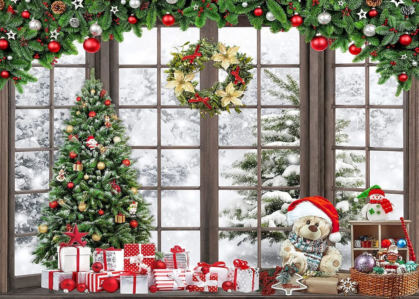 Christmas Window Photography Backdrop Winter Snow Xmas Wonderland Background Merry Santa Trees Gift Toy Banner Baby Kids Party enlarge