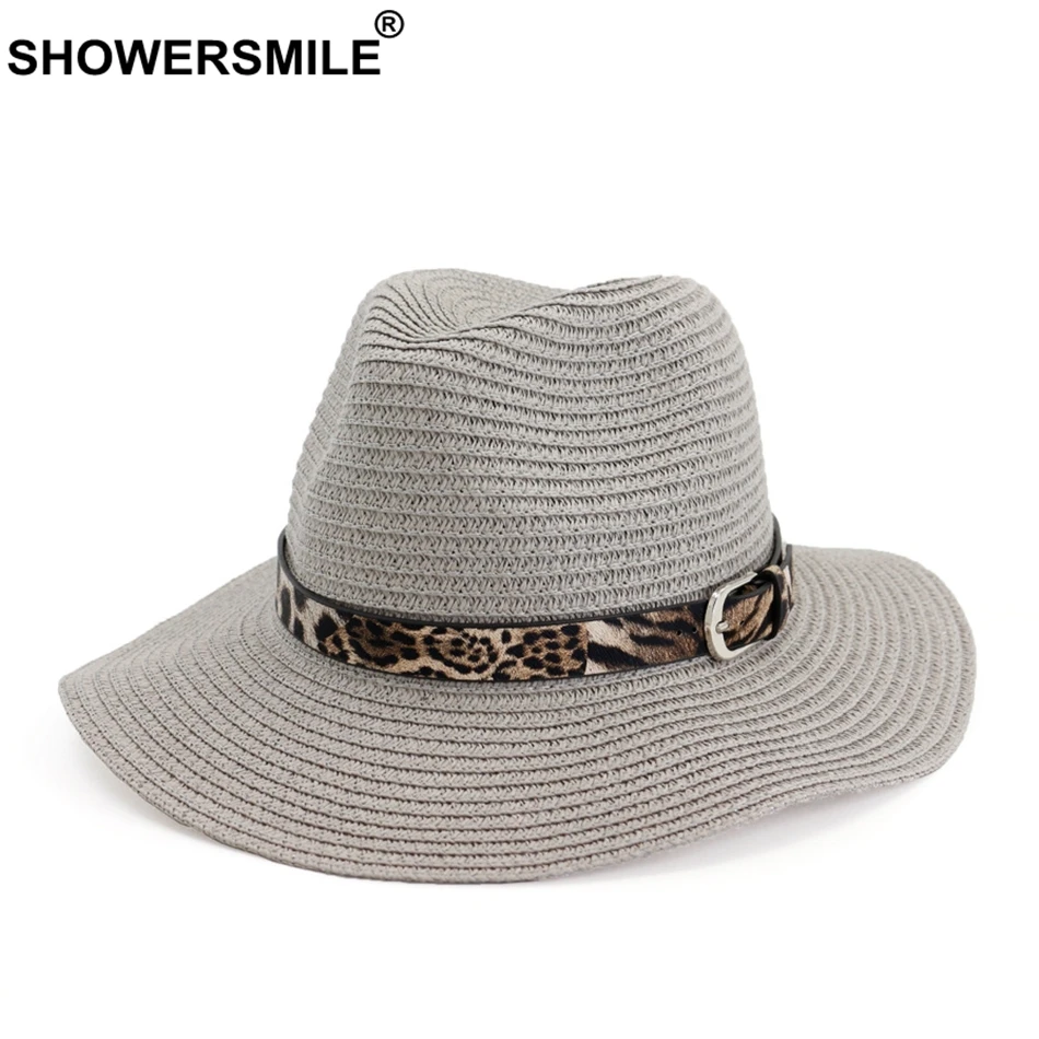 Женская соломенная шляпа SHOWERSMILE летняя с леопардовым поясом модная бежевая для