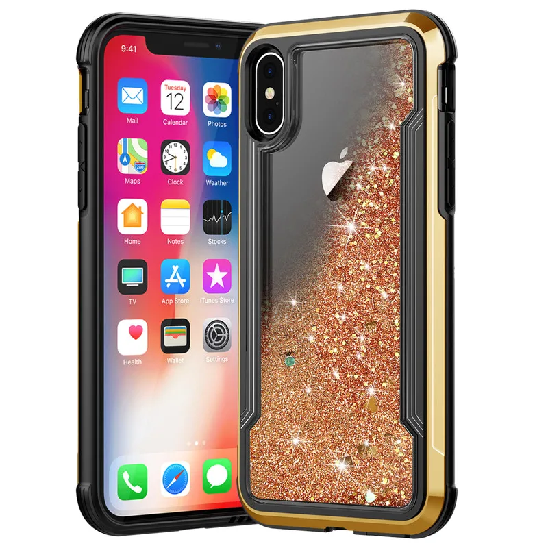 Gold Броня Гибридный ударопрочный каучук бампер чехол для iPhone 11 Pro Max 6 6s 7 8Plus X XS Max XR жидкий сыпучий песок украшение блестки чехол - Цвет: Gold