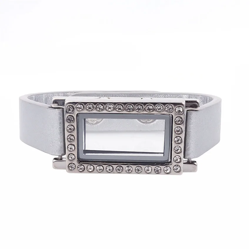 

1pcs Rectangle Floating Glass crystal Locket Single Wrap Leather Bracelets Wristband With 10pcs Charms Jewelry Christmas gifts