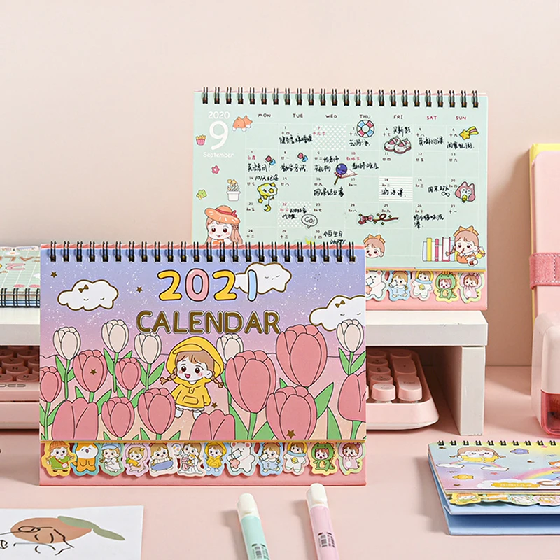 

1 Pc 2021 Cartoon Girl Desk Calendar Table Timetable Planner 2020.08-2021.12