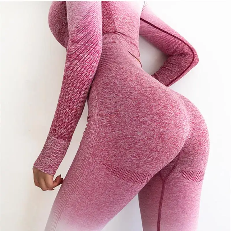 

NORMOV Seamless 2 Piece Set Women Gradient Sport Suit Workout Clothes Long Sleeve Fitness Crop Top And Scrunch Butt Leggings Set