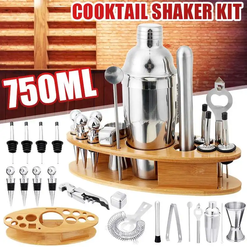 

NEW Cocktail Shaker 750ml Stainless Steel Wine Martini Boston Shaker Mixer For Bar Drink Party Bartender Tools with Wooden Rack