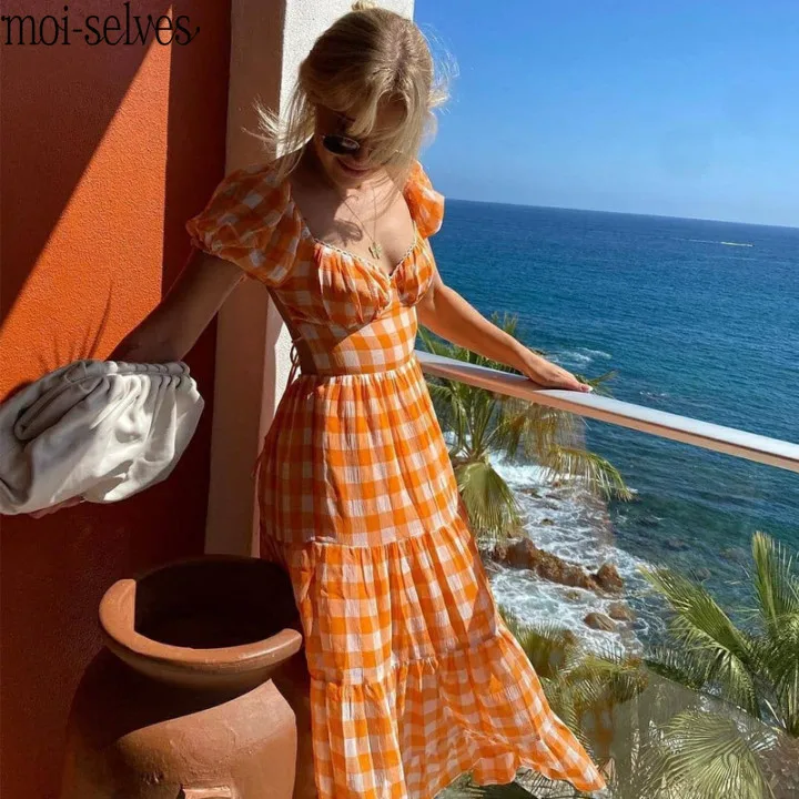 

Women 2021 Summer Backless Tie Up Basic A-line Dresses High Fashion Sundress Elegant Orange Plaid Long Maxi Cotton Dress