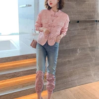 chinese style stand up collar button jacquard jacket sequin stitching trousers jeans suit womens autumn new two piece suit