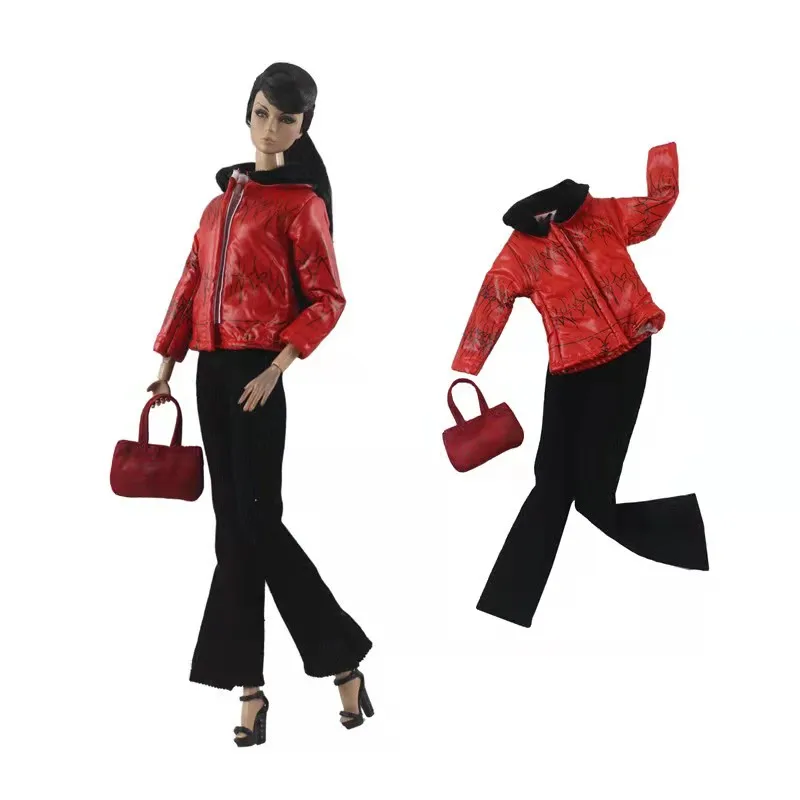 

1/6 BJD Doll Clothes Fashion Red Coat Jacket Pants Trousers Handbag Winter Outfits for Barbie Accessories 11.5" Dollhouse Toys