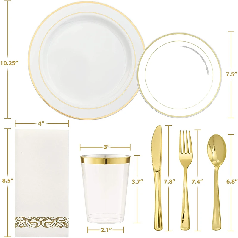 

10 Guest Gold Dinnerware Wedding Party Set Rim Plastic Plates Gold Plastic Silverware Cups Fork Gold Paper For Party Supplies