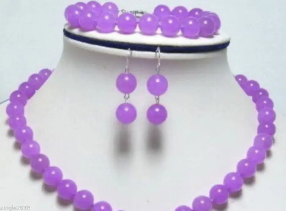 Бесплатная&gt Подлинная 10 мм фиолетовый нефрит ожерелье браслет серьги Набор 18