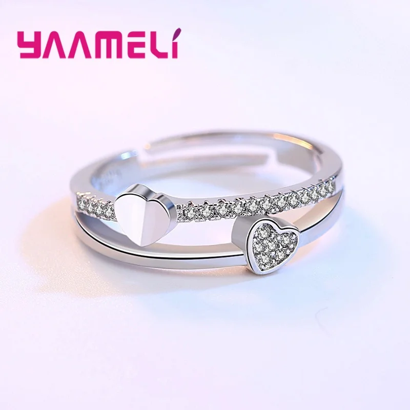 

Sweet Double Love Heart Charms Ring for Women Female Wedding Engagement Excellent 925 Sterling Silver Shiny Cubic Zircon Bague