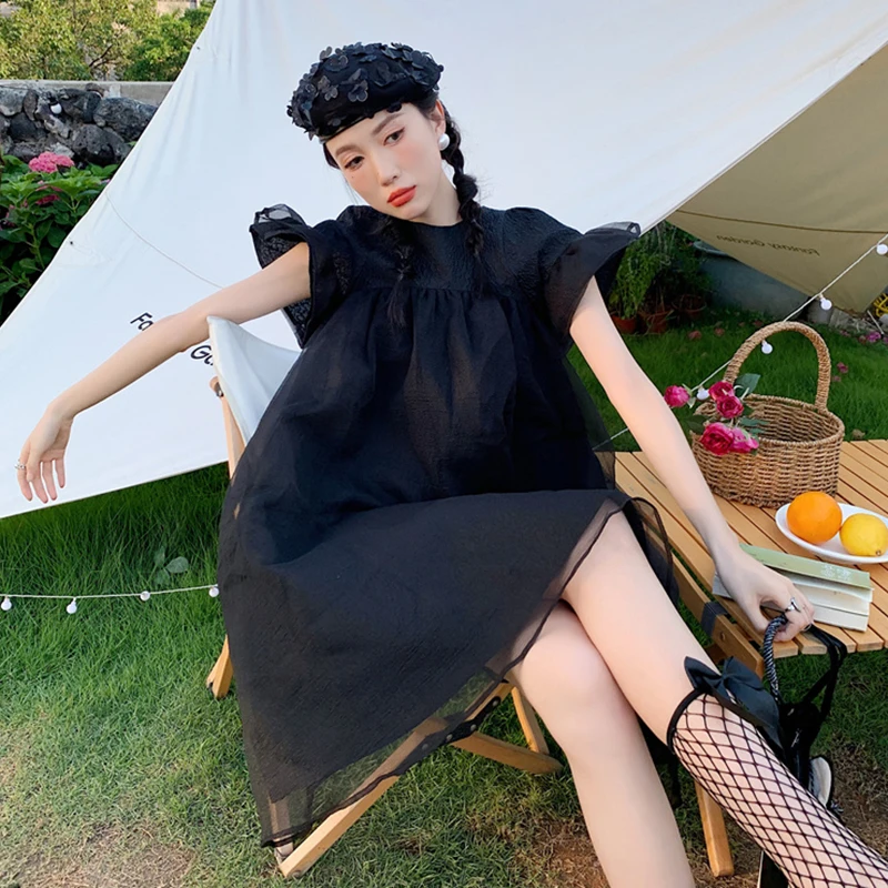 

GALCAUR Elegant Patchwork Mesh Dress For Women Stand Collar Short Sleeve High Waist A Line Midi Dresses Female Summer 2021 Style