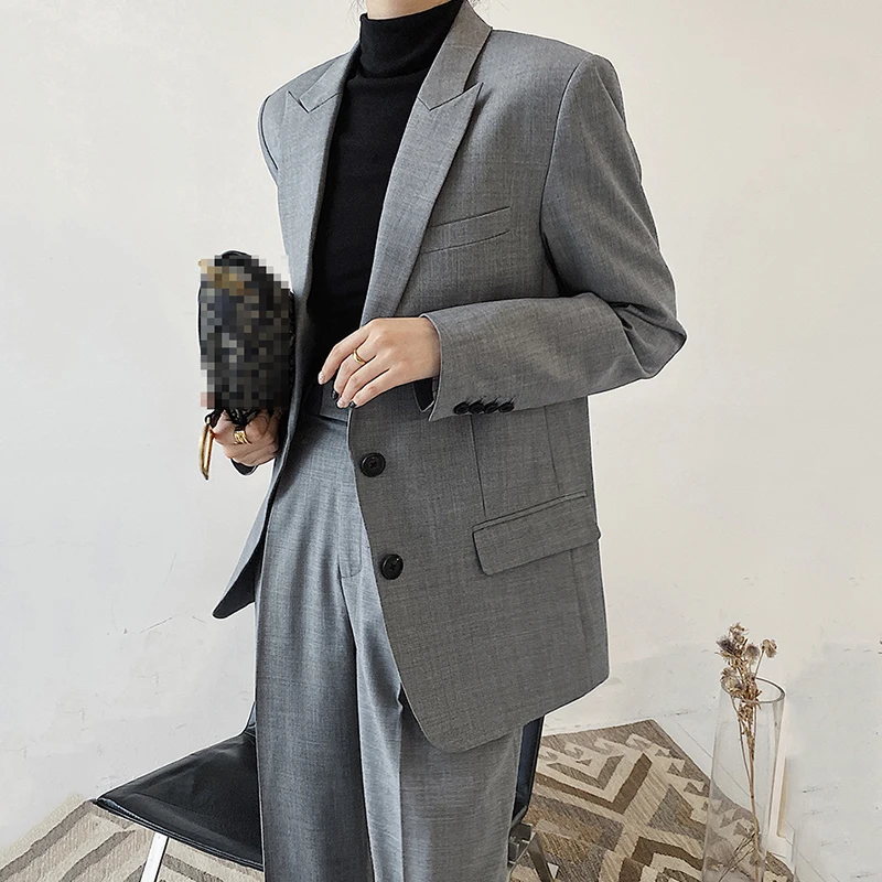 

SHENGPALAE Elegant Gray Notched Single Breasted Long Sleeve Blazer And High Waist Loose Straight Pants For Women In Autumn 5E243