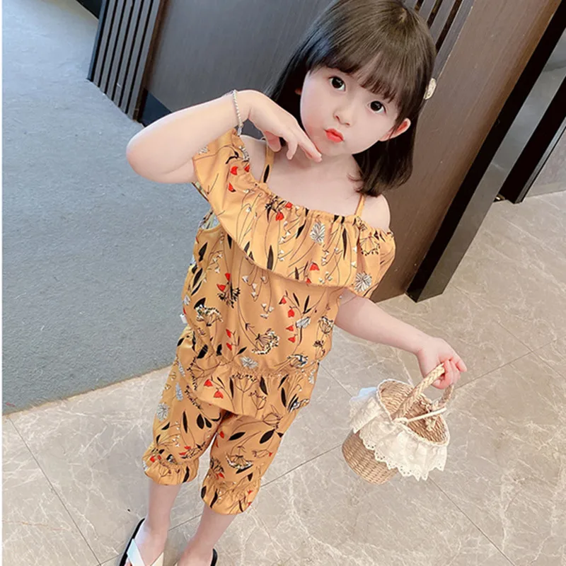 

Летний комплект для девочек 1-7 лет, новинка 2021, Повседневная футболка без рукавов с цветочным принтом, топ + длинные штаны, комплекты детской ...