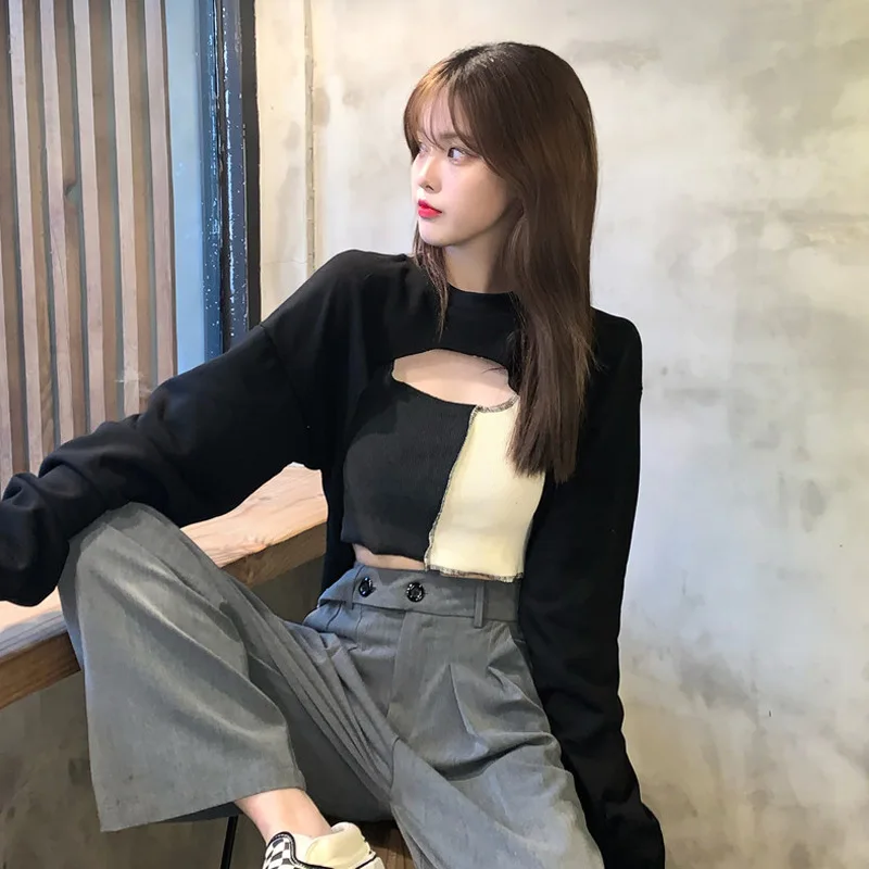 

Women's Solid Color Street Sweatshirt Casual Hoodie Cropped Top Women's O-Neck Pullover Long Sleeve Irregular Short Loose Sweats