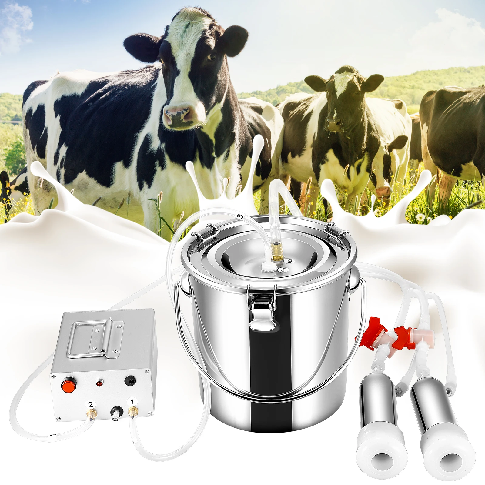 

7L Electric Vacuum Pulsation Suction Pump Milker Machine Portable Automatic Electric Cows Milking Machine With Brush For Farms