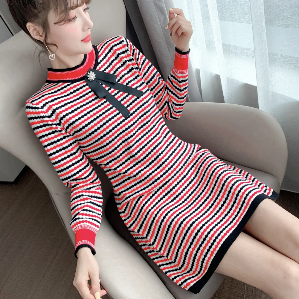 Женское трикотажное платье в полоску элегантное мини-платье-свитер с круглым