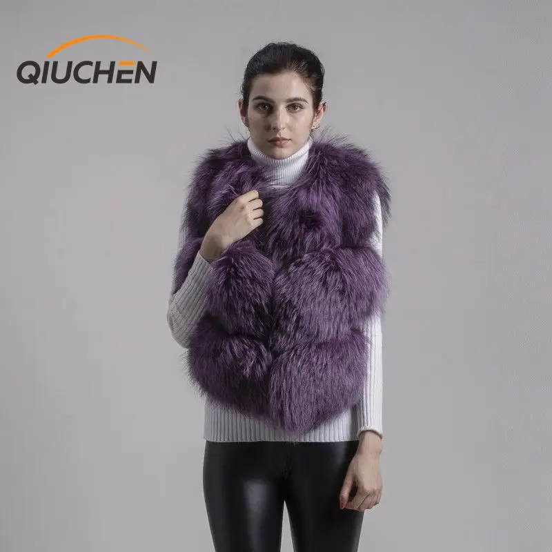 silver purple QIUCHEN PJ8001 Женское пальто Полный Пелт натуральный Лисий мех жилет модный жилет из натуральной кожи жилет сплошной - Цвет: silver purple
