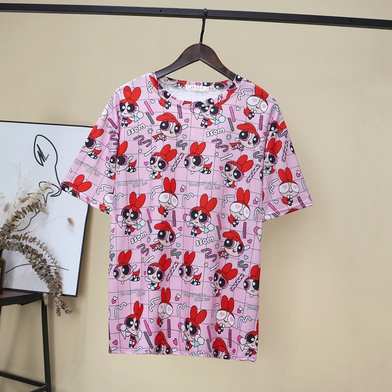 

Police Girls T Shirts Women Summer New Short Sleeve Casual Harajuku Kawaii Cartoon Girl buttercup Print Tee Shirt Femme Clothes