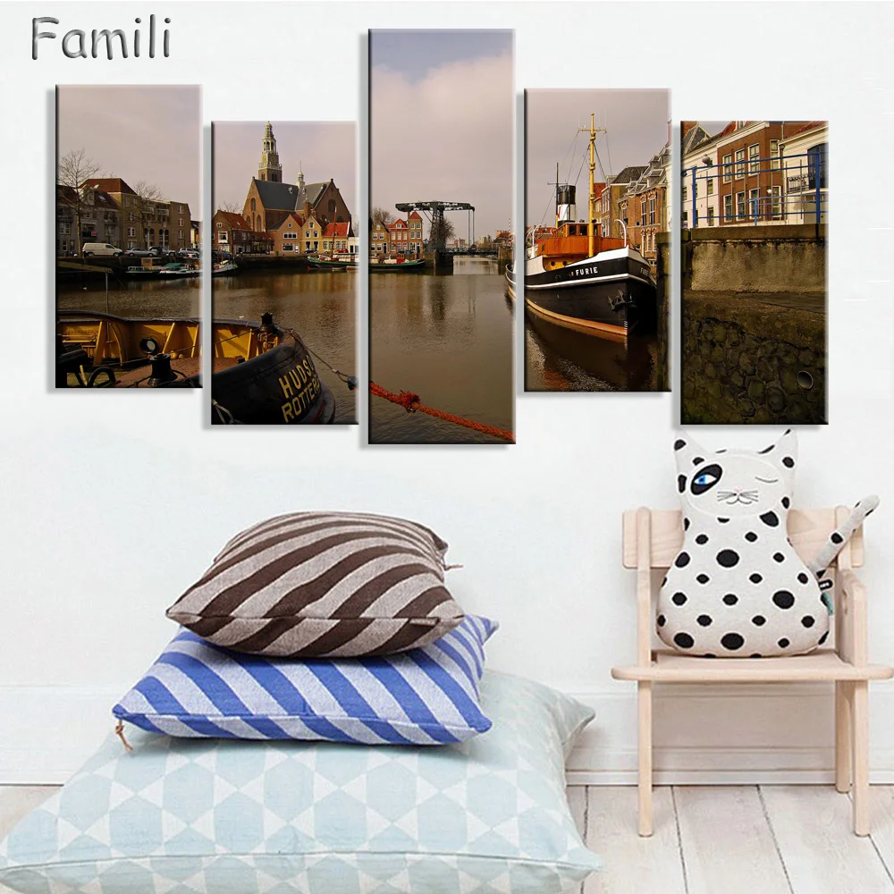 

5pcs/set Modern Netherlands city Canvas art Painting on the Wall Modular Pictures vintage home decor Canvas Painting for Living