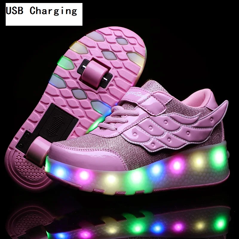 

Children One Two Wheels Luminous Glowing Sneakers Gold Pink Led Light Roller Skate Shoes Kids Led Shoes Boys Girls USB Charging