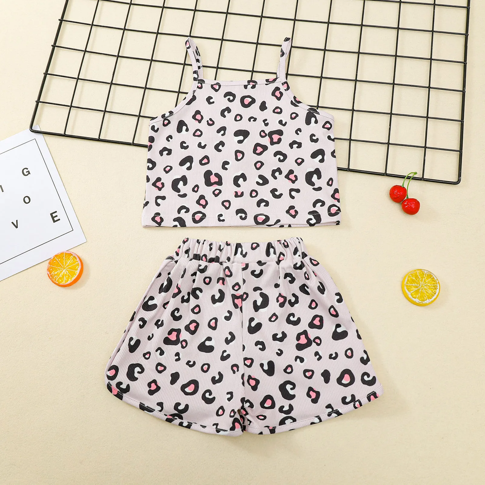 

2021 Children Leopard Print Clothes Set, Girls Sleeveless Square Collar Cropped Tops + Elastic Waist Shorts