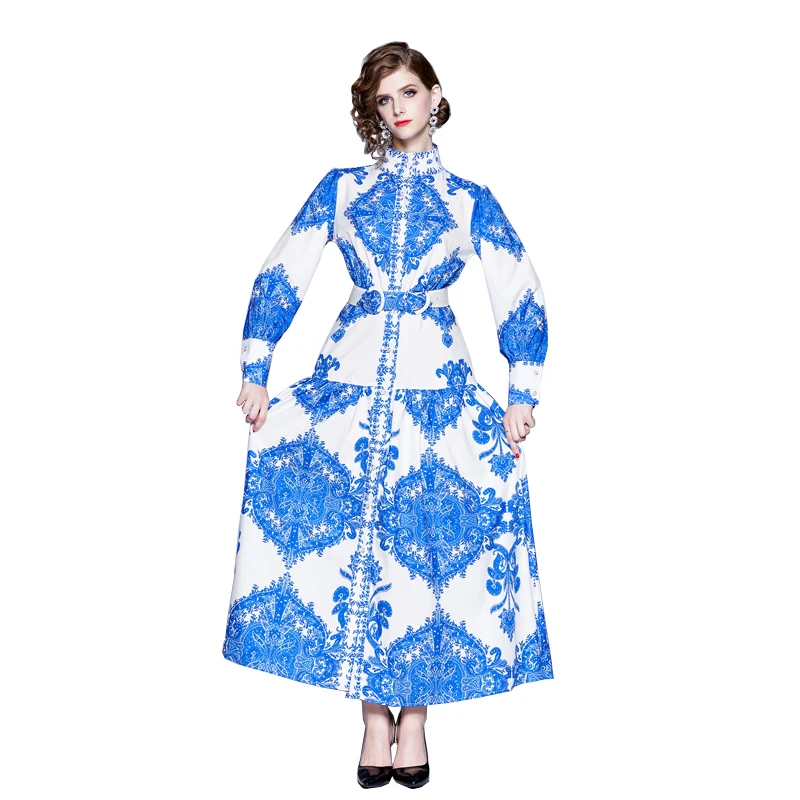 

2021 Autumn Blue And White Porcelain Long Dress Stand Collar Button Puff Sleeve Robe Femme Fashion Maxi Dresses Arabic Clothes