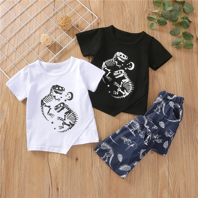 

1-6T Kid Baby Boy Shirt, Summer Pants, Fashion Short Sleeve Round Collar Dinosaur Printed Pullover Sports Loose Casual Trousers