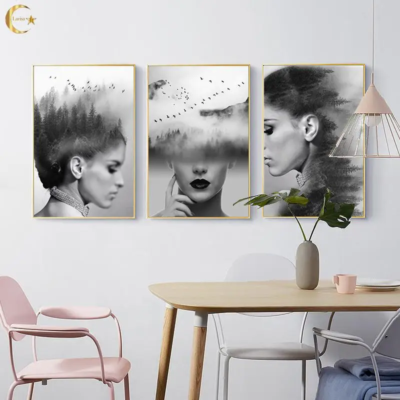 

Abstract Beautiful Forest Girl Black and White Canvas Painting Wall Art Posters Print Pictures Modern Picture for Living Room