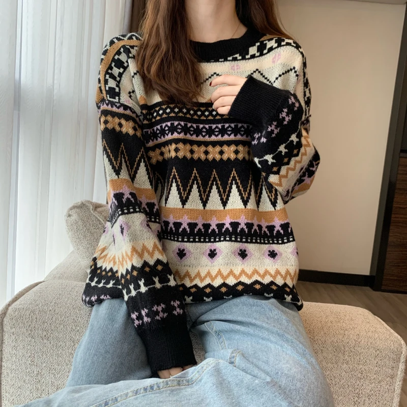 

Autumn Winter Korean Style Vintage Knitting Sweater Women Loose Long Sleeve Thick Pullover Sweater Female Coat