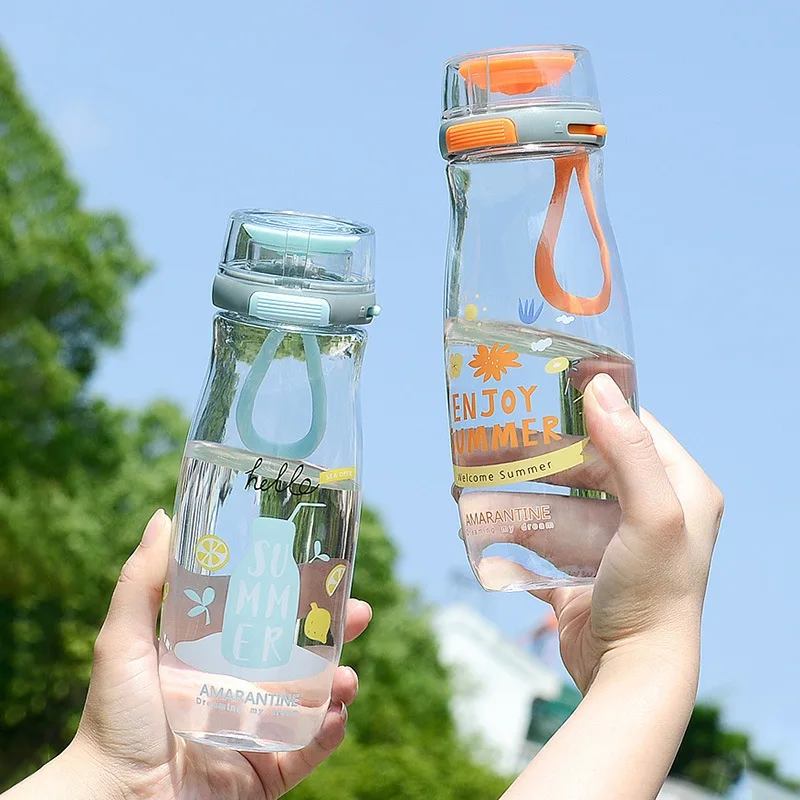 

500ML Portable Simple Cute Pure Color Carrying Strap Brief Plastic Cartoon Cup With Buckle Bounce Lid Summer New Home Decor