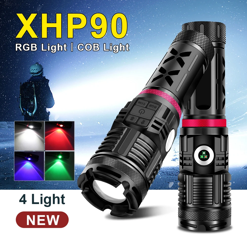 Most Powerful Led Flashlight Ultra Bright torch XHP90 Zoomable Bicycle Light 18650 Rechargeable USB flashlight hunting lantern
