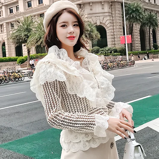 Милая кружевная блузка крючком с баской рубашка Корейская фея многоуровневые