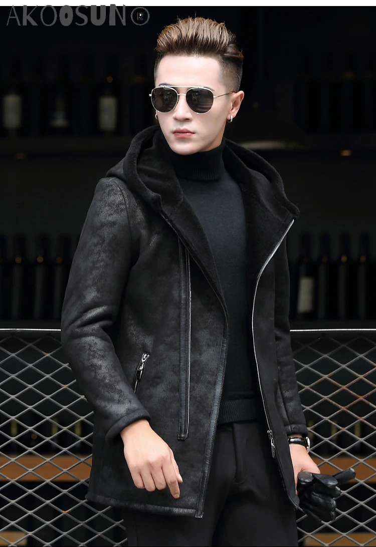 

AKOOSUN Genuine Leather Jacket Men Winter Long Coat Sheepskin Leather Jackets Natural Wool Fur Coats Cuero Genuino 8708 KJ819